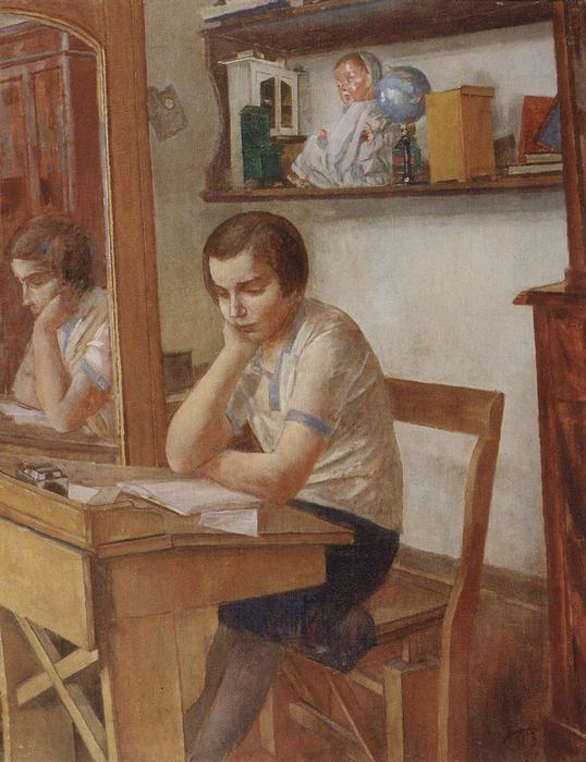 The girl at the desk, 1934 by Kuzma Petrov-Vodkin (1878-1939, Russia) | Oil Painting | WahooArt.com